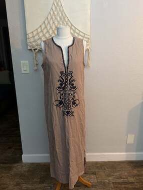 Sigrid Olsen Sleeveless V-Neck Embroidered Linen Blend Maxi Dress in Tan